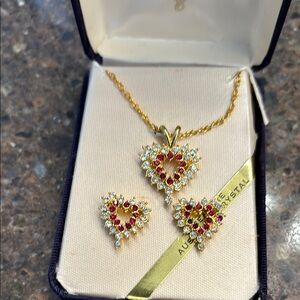 Red  and diamond crystal heart gold accent earrings and necklace.